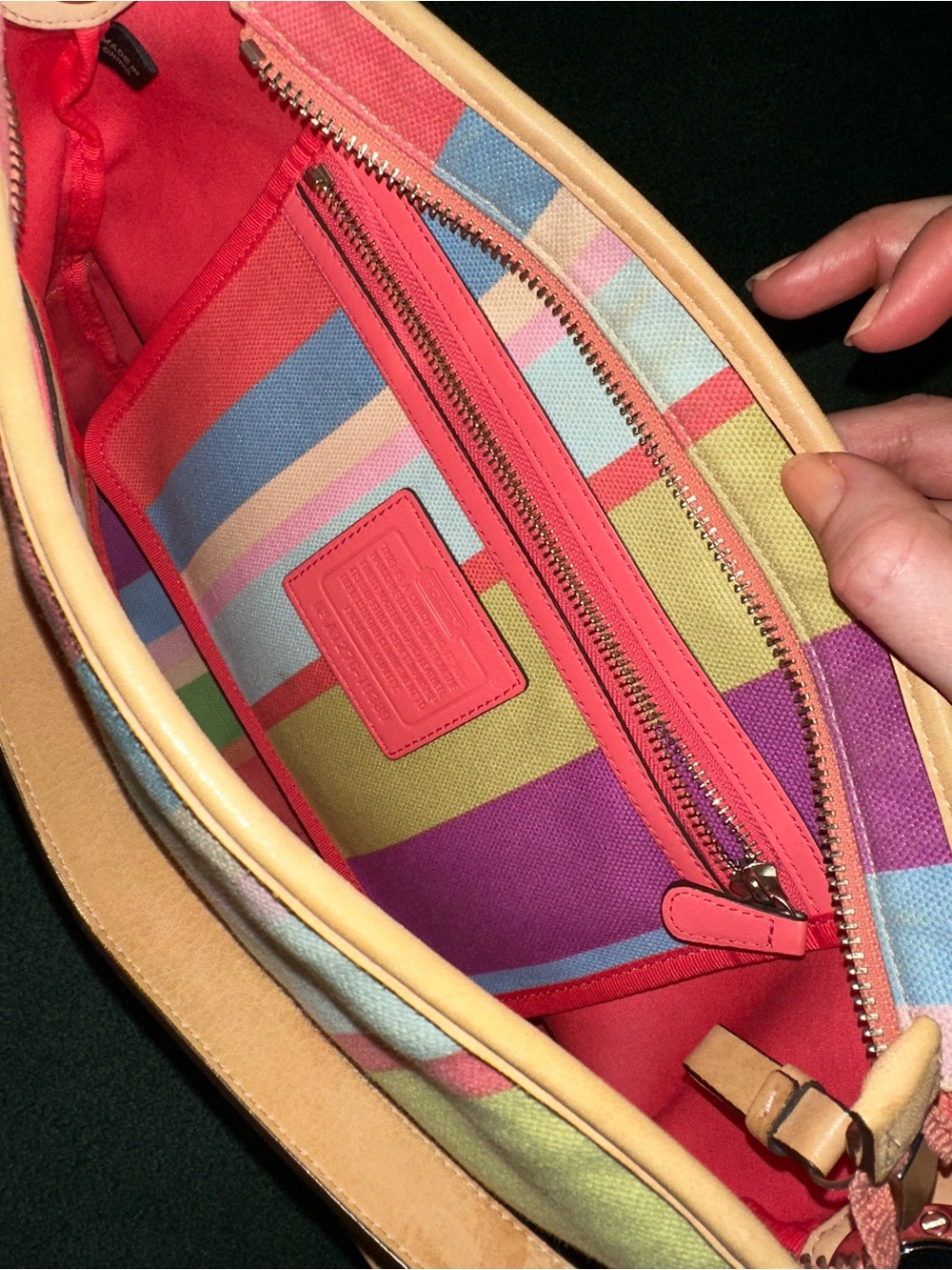 Coach Multicolor Striped Canvas Tote with keychain coach bag charm.
